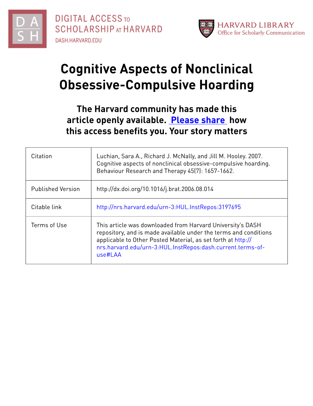 Cognitive Aspects of Nonclinical Obsessive-Compulsive Hoarding