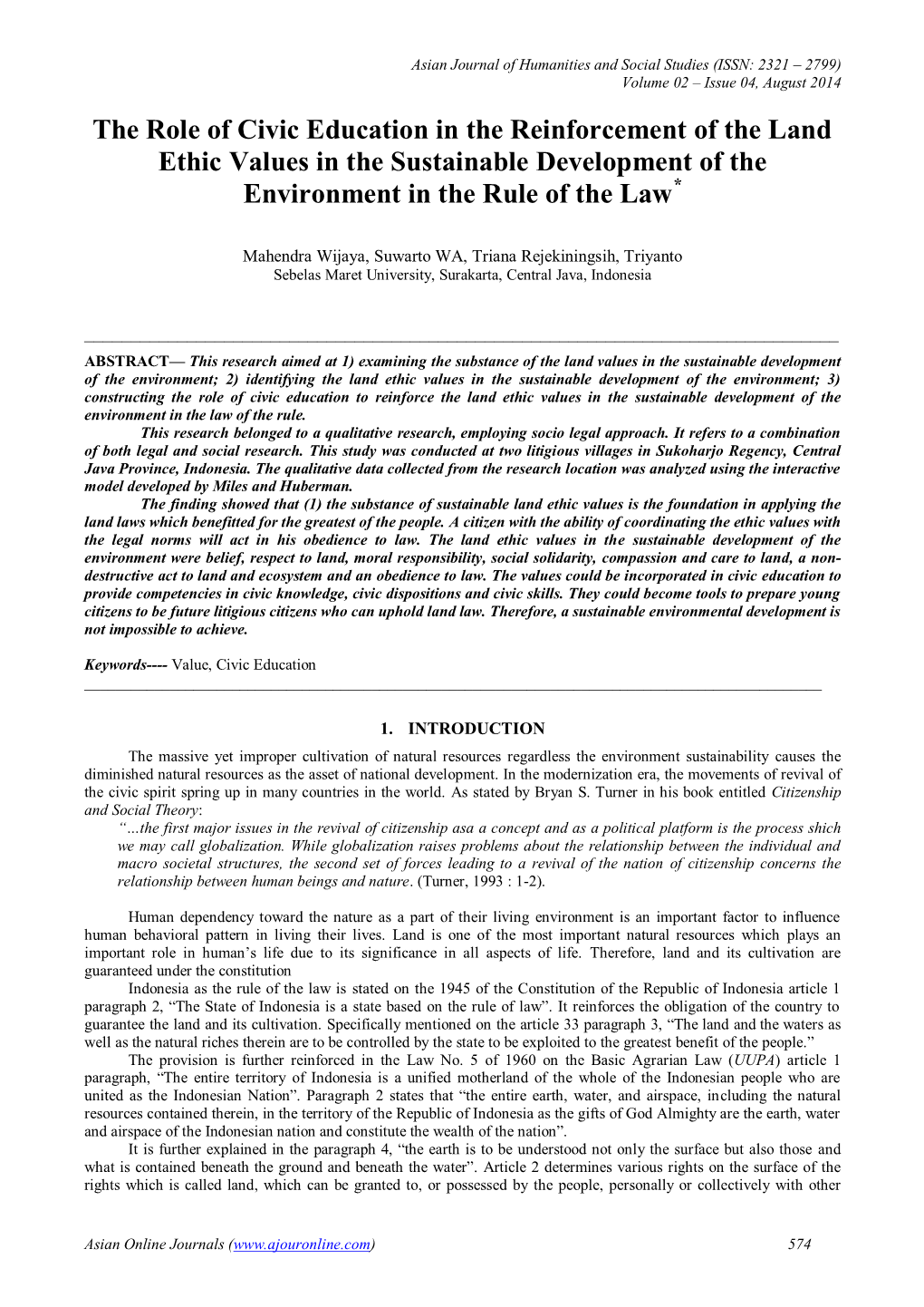 The Role of Civic Education in the Reinforcement of the Land Ethic Values in the Sustainable Development of the Environment in the Rule of the Law*