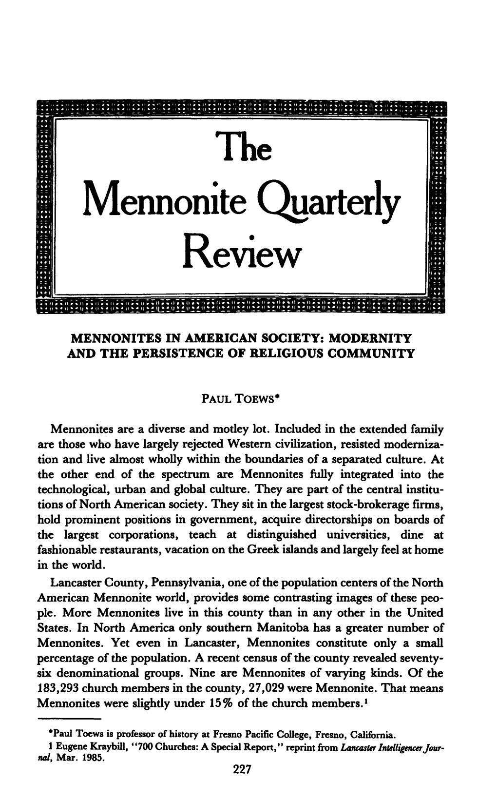 Mennonites in American Society: Modernity and the Persistence of Religious Community