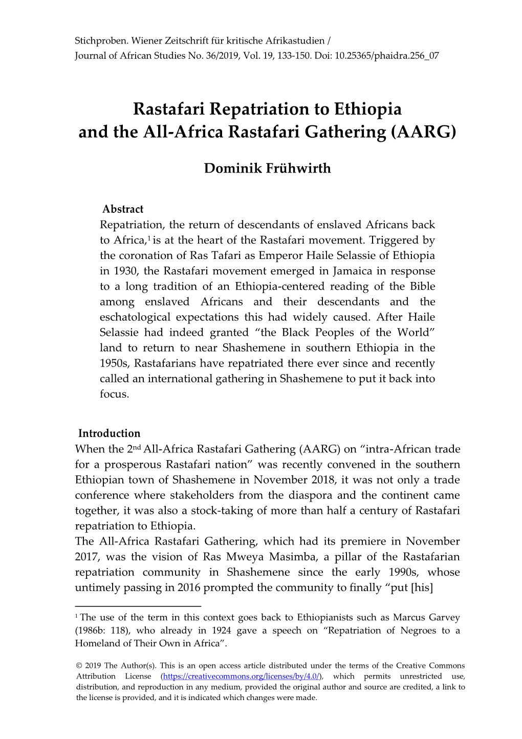 Rastafari Repatriation to Ethiopia and the All-Africa Rastafari Gathering (AARG)
