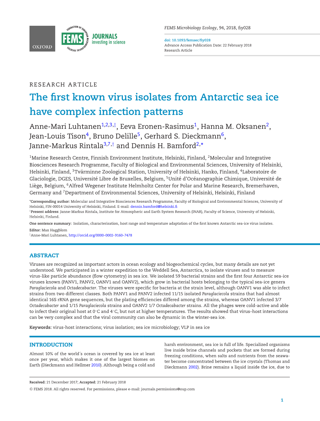 The First Known Virus Isolates from Antarctic Sea Ice Have Complex Infection Patterns Anne-Mari Luhtanen1,2,3,‡, Eeva Eronen-Rasimus1, Hanna M