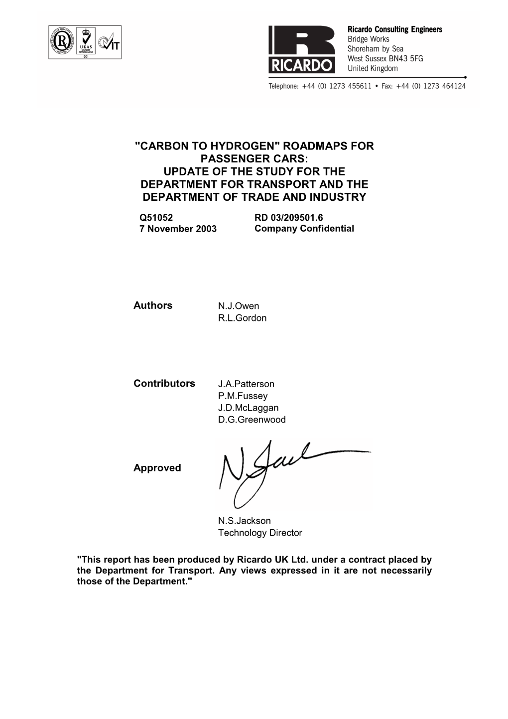 Roadmaps for Passenger Cars: Update of the Study for the Department for Transport and the Department of Trade and Industry