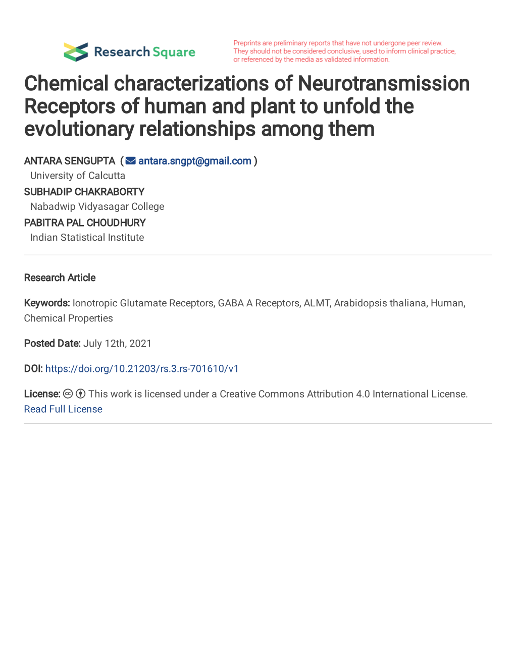 Chemical Characterizations of Neurotransmission Receptors of Human and Plant to Unfold the Evolutionary Relationships Among Them