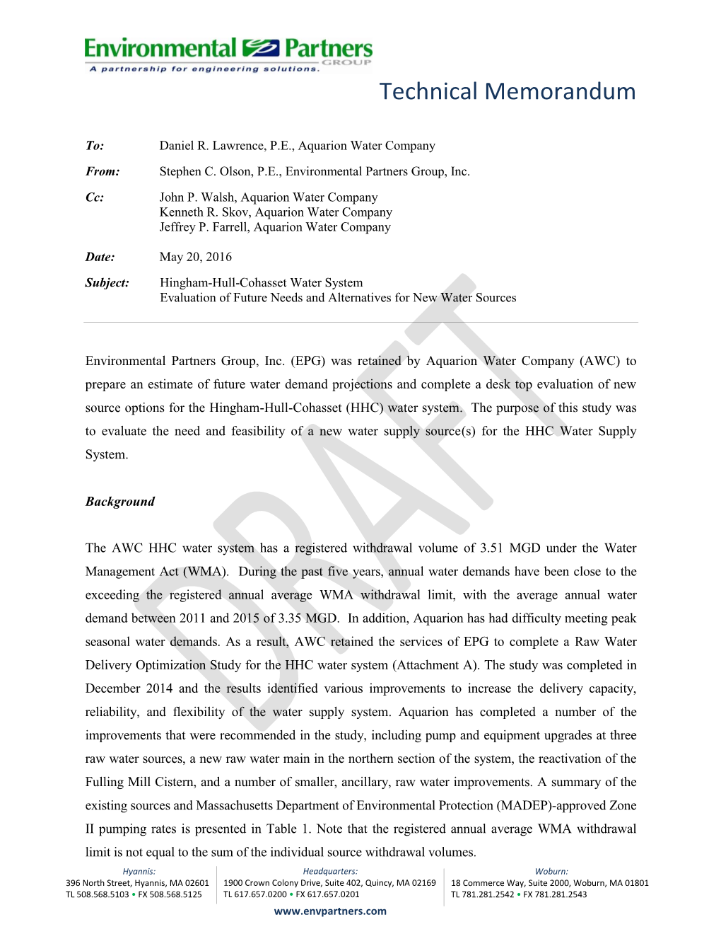 Hingham-Hull-Cohasset Water System Evaluation of Future Needs and Alternatives for New Water Sources