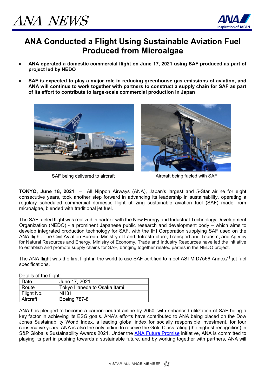 ANA Conducted a Flight Using Sustainable Aviation Fuel Produced from Microalgae