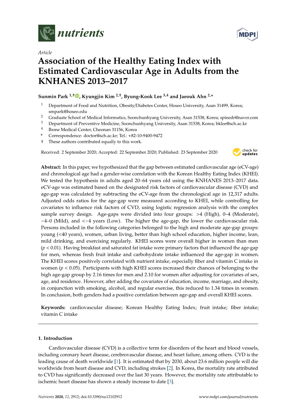 Association of the Healthy Eating Index with Estimated Cardiovascular Age in Adults from the KNHANES 2013–2017