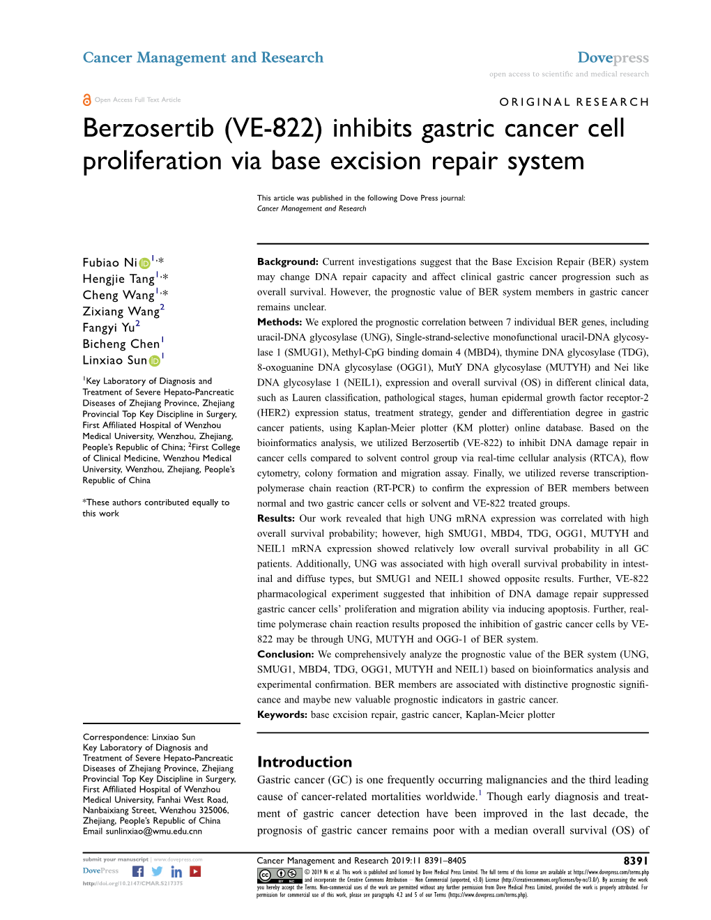 Inhibits Gastric Cancer Cell Proliferation Via Base Excision Repair System