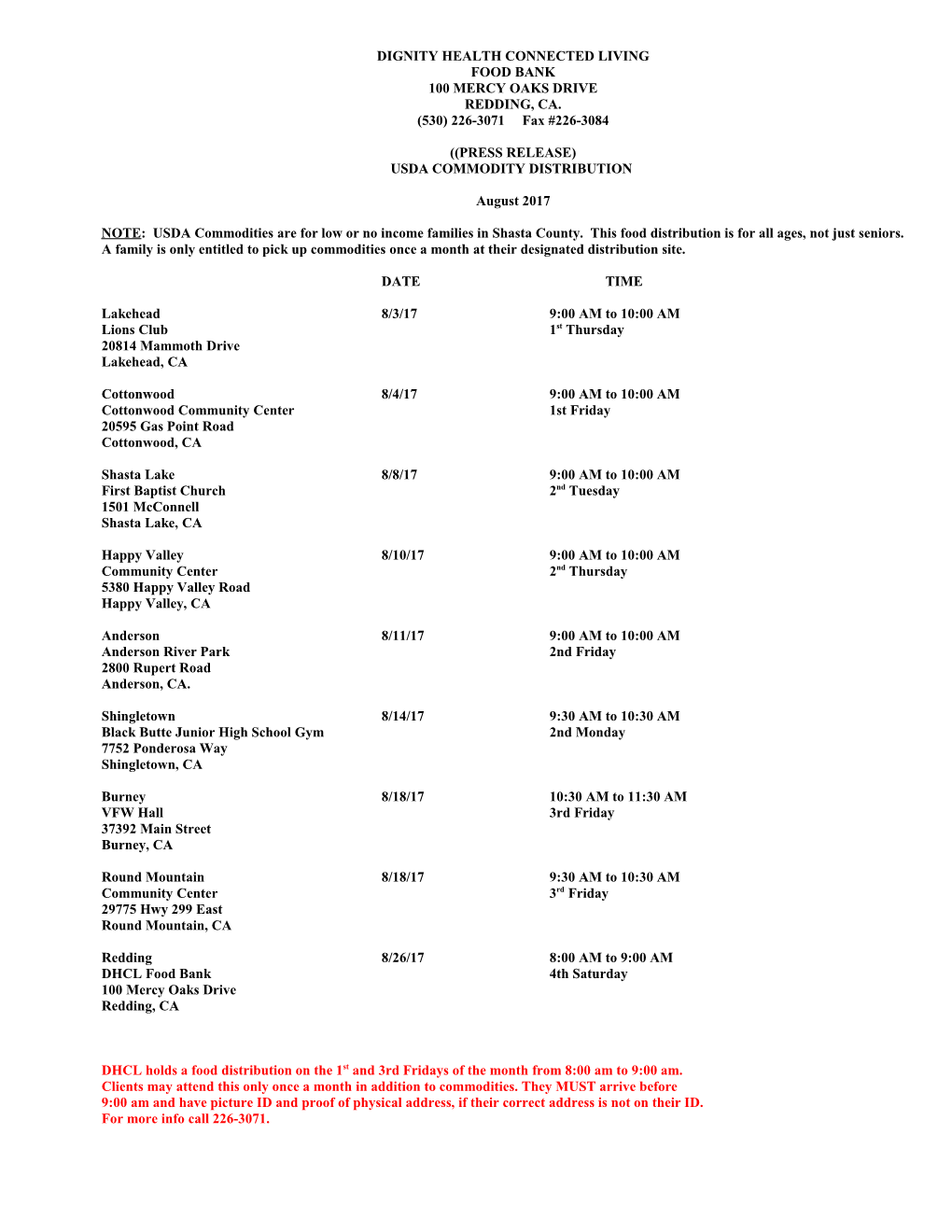 Shasta Senior Nutrition Food Bank