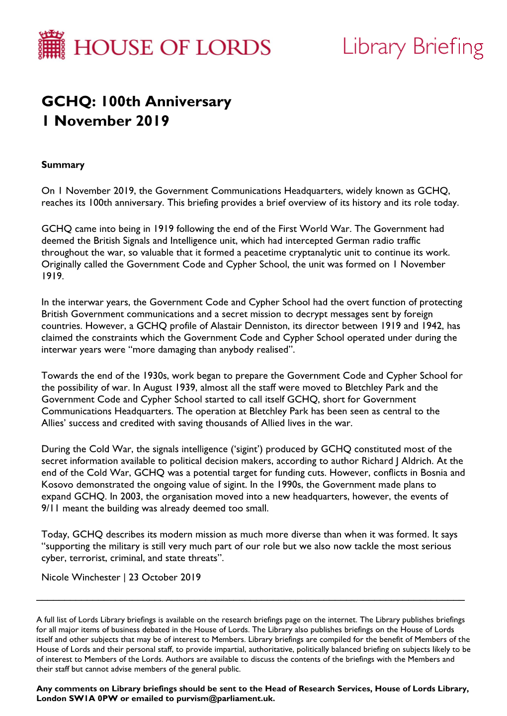 GCHQ: 100Th Anniversary 1 November 2019