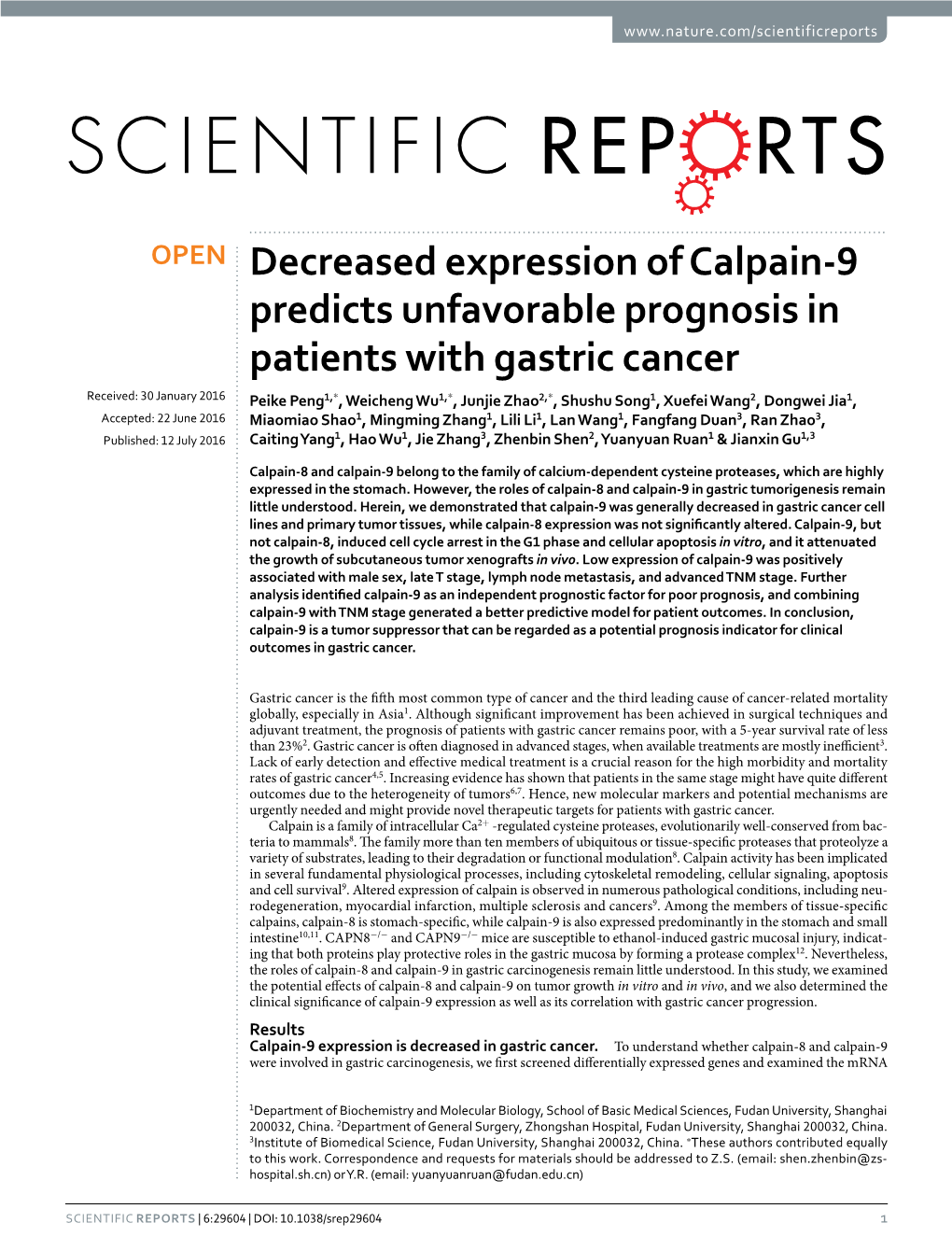 Decreased Expression of Calpain-9 Predicts Unfavorable Prognosis In