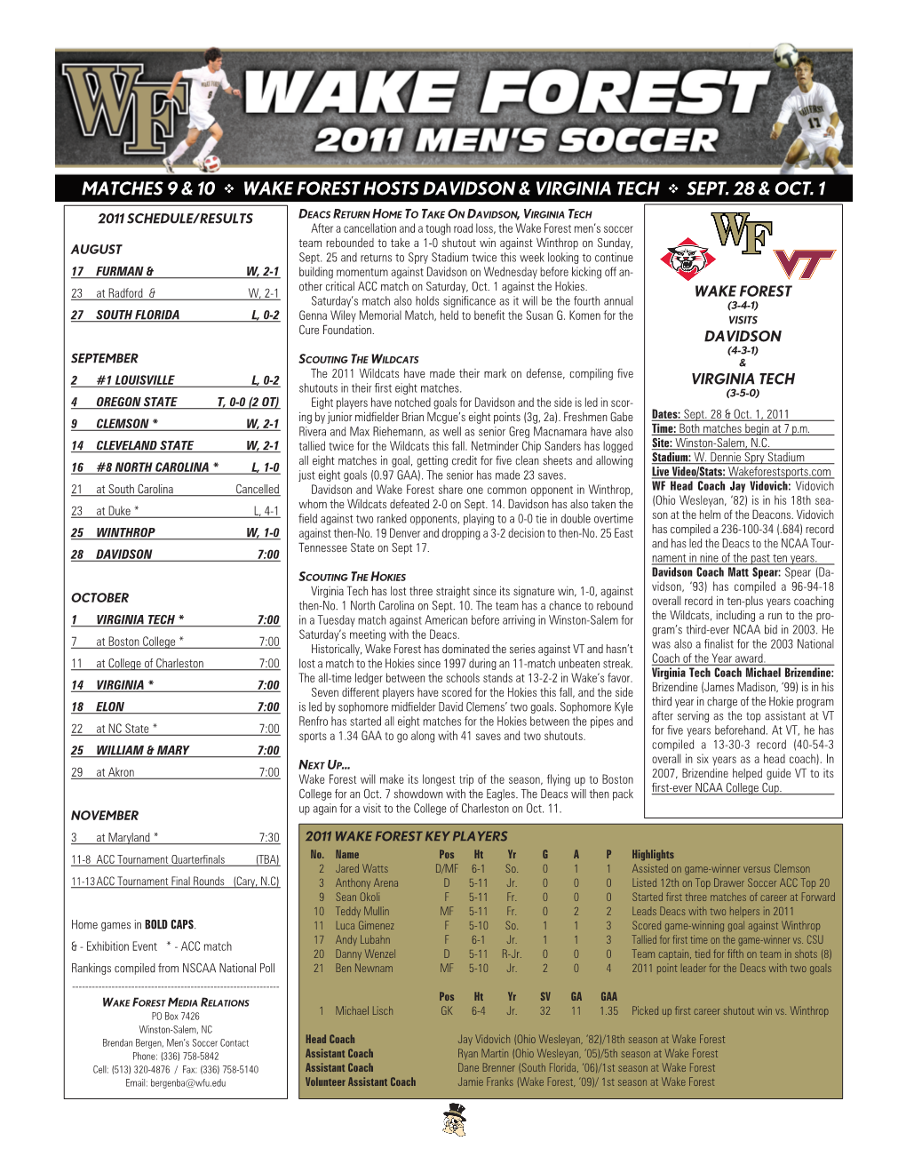 Matches 9 & 10 Wake Forest Hosts Davidson & Virginia Tech Sept. 28