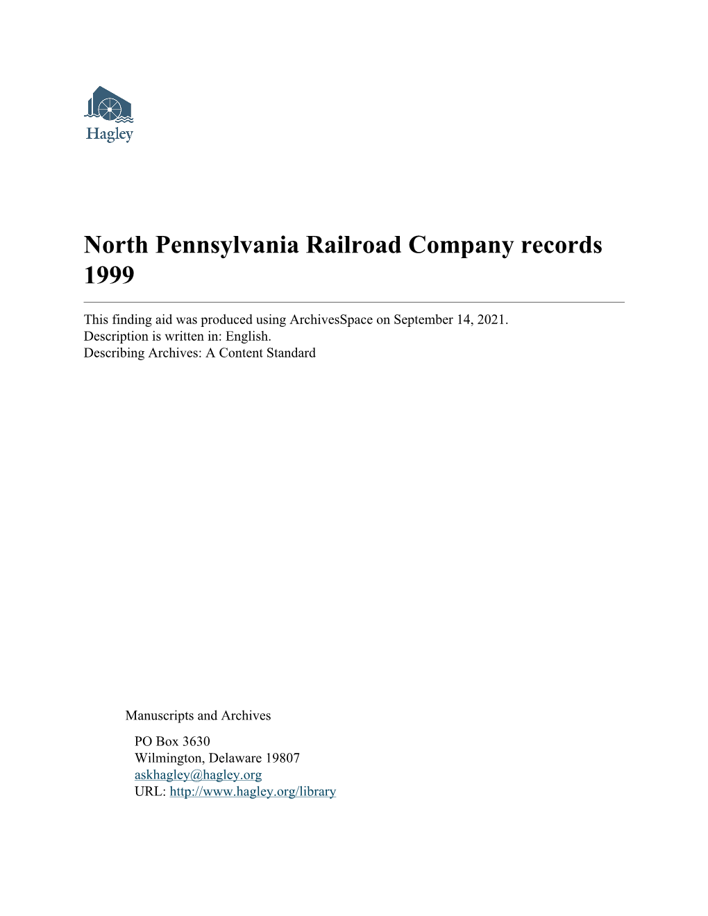 North Pennsylvania Railroad Company Records 1999