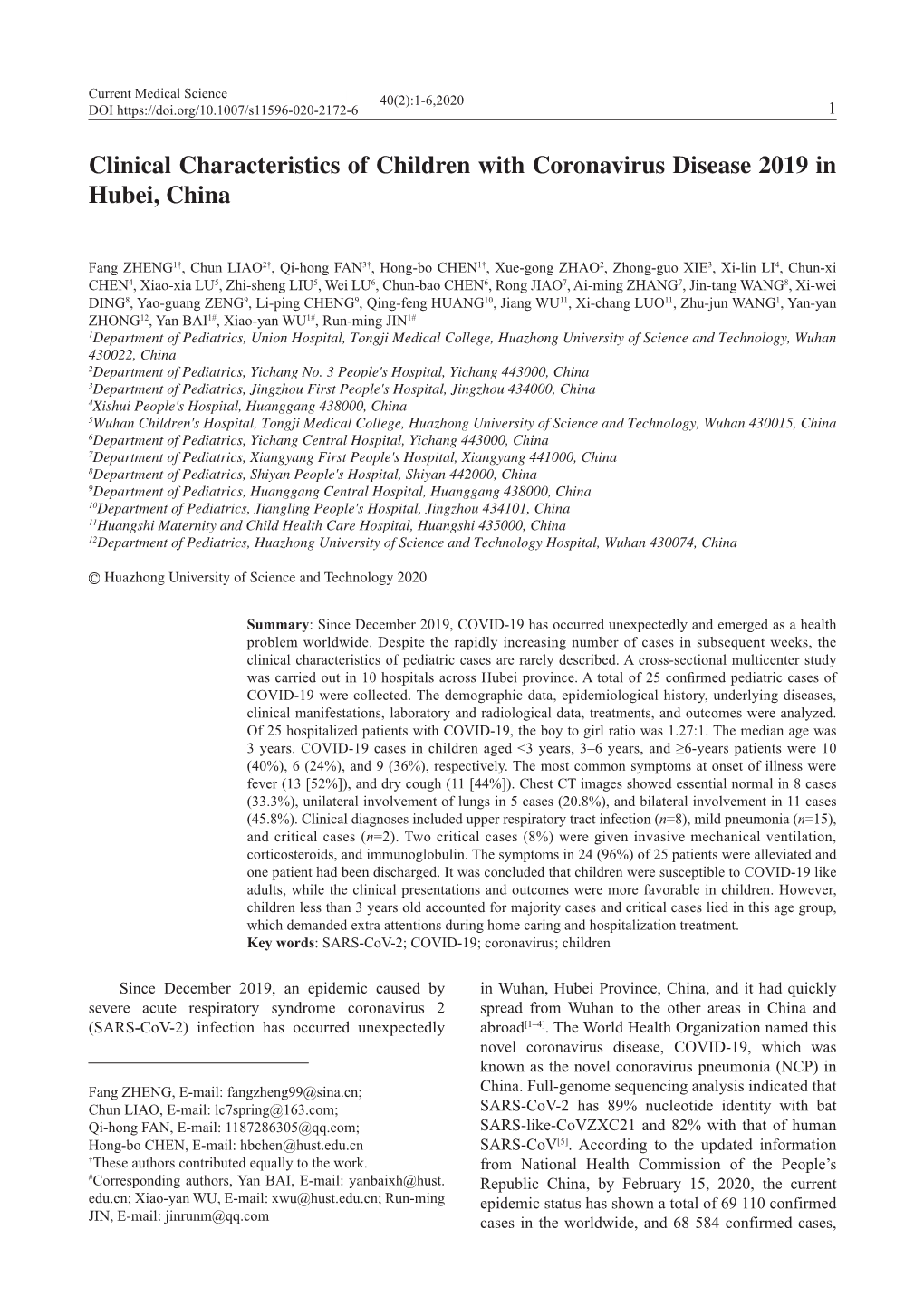 Clinical Characteristics of Children with Coronavirus Disease 2019 in Hubei, China