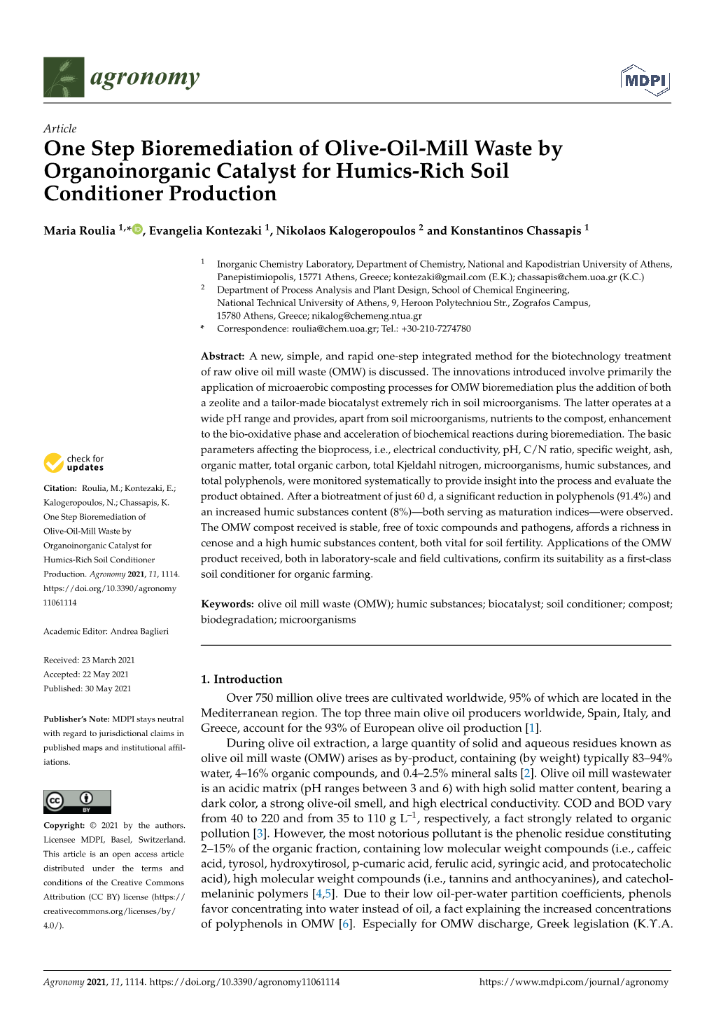 One Step Bioremediation of Olive-Oil-Mill Waste by Organoinorganic Catalyst for Humics-Rich Soil Conditioner Production