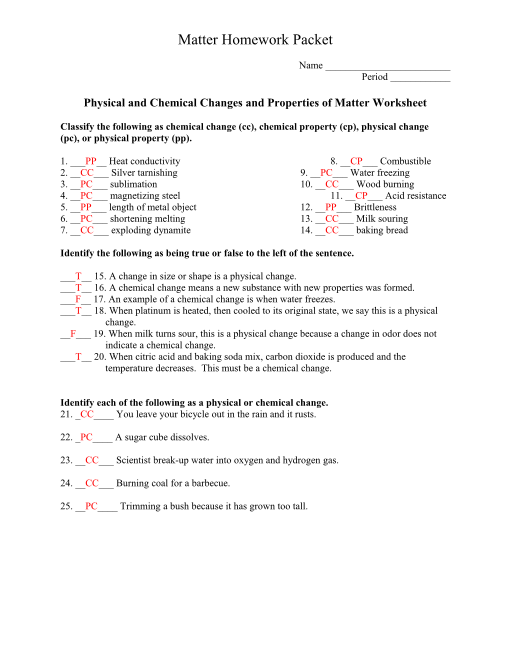 Physical and Chemical Changes and Properties of Matter Worksheet s1