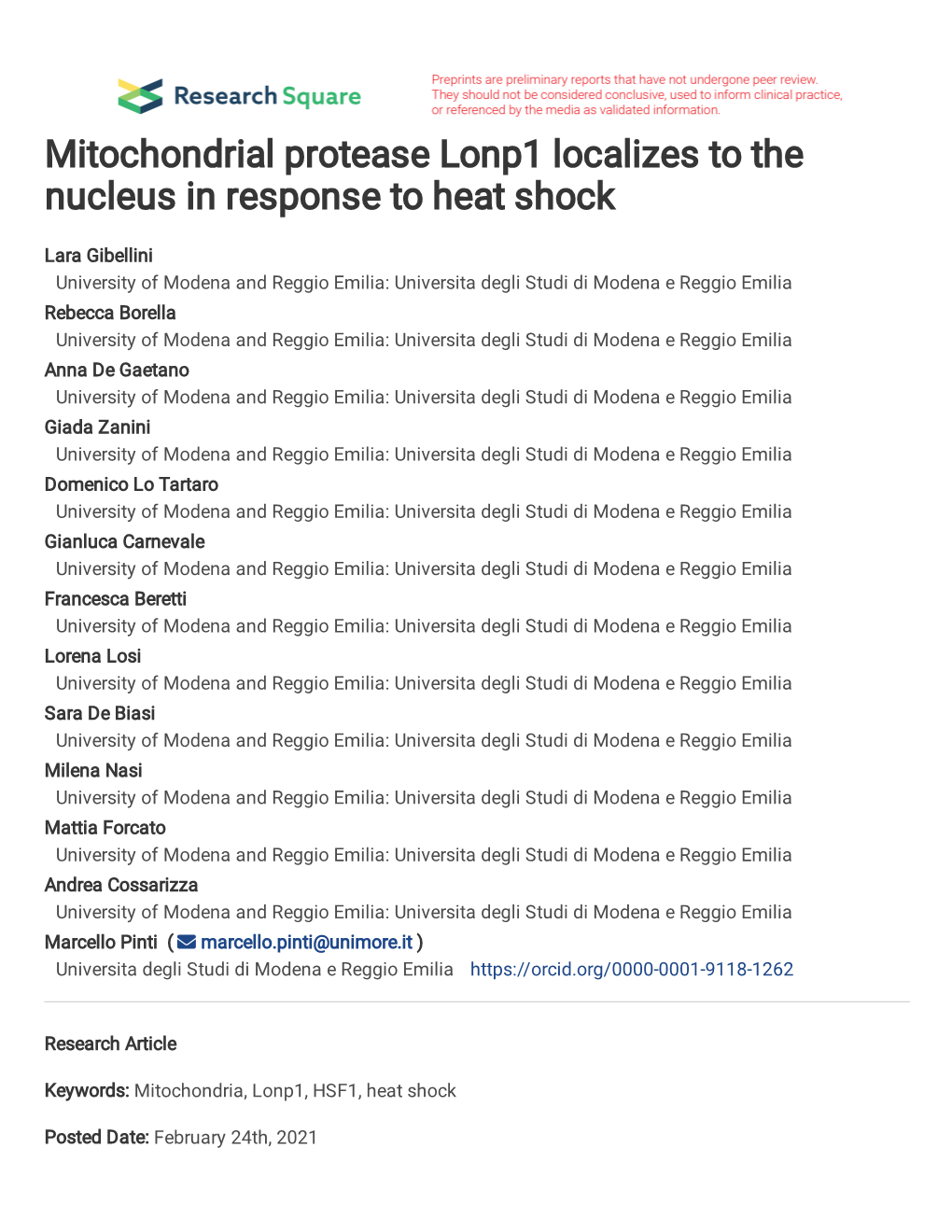 1 Mitochondrial Protease Lonp1 Localizes to the Nucleus in Response