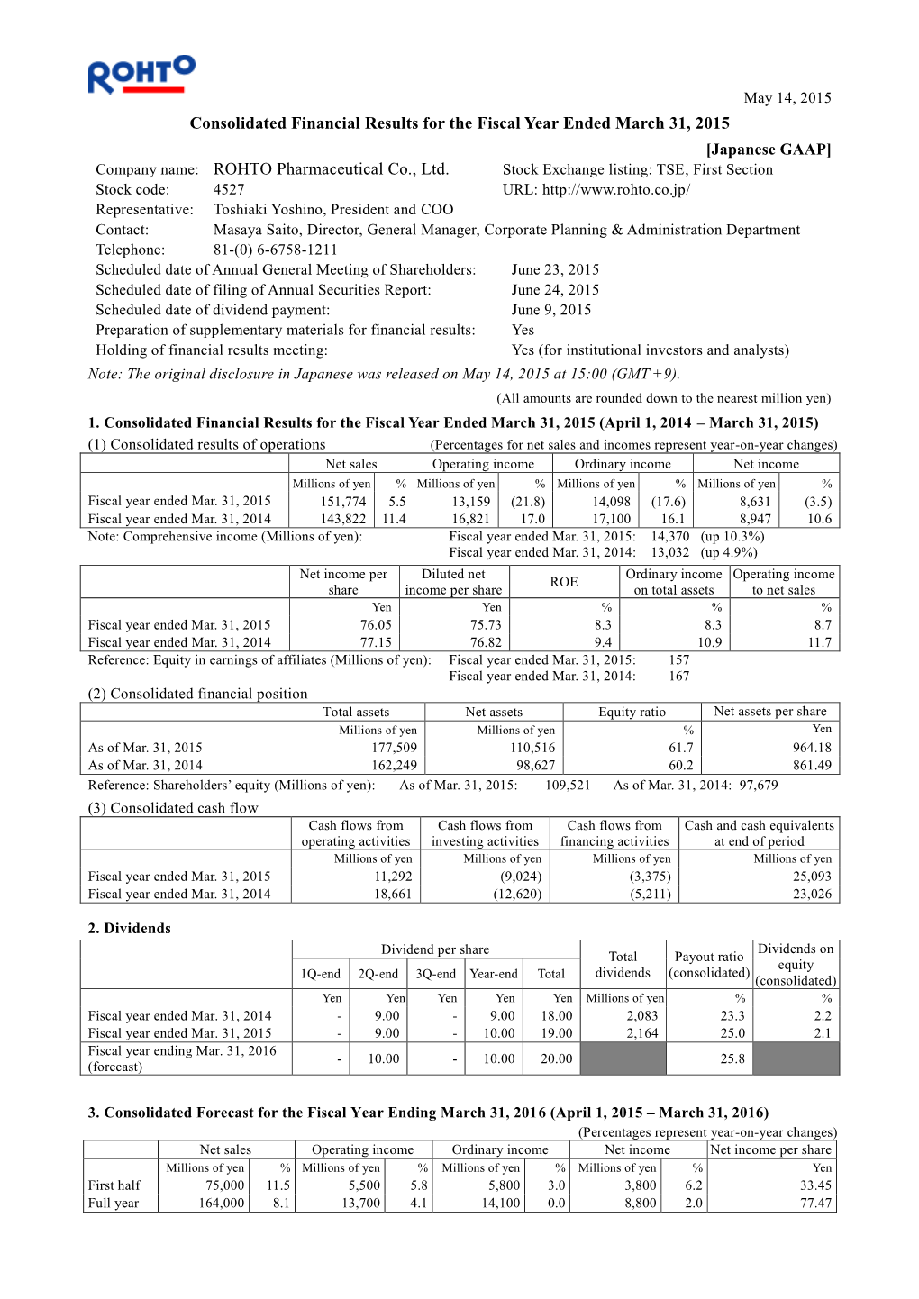 May 14, 2015 Finance Consolidated Financial Results for the Fiscal Year