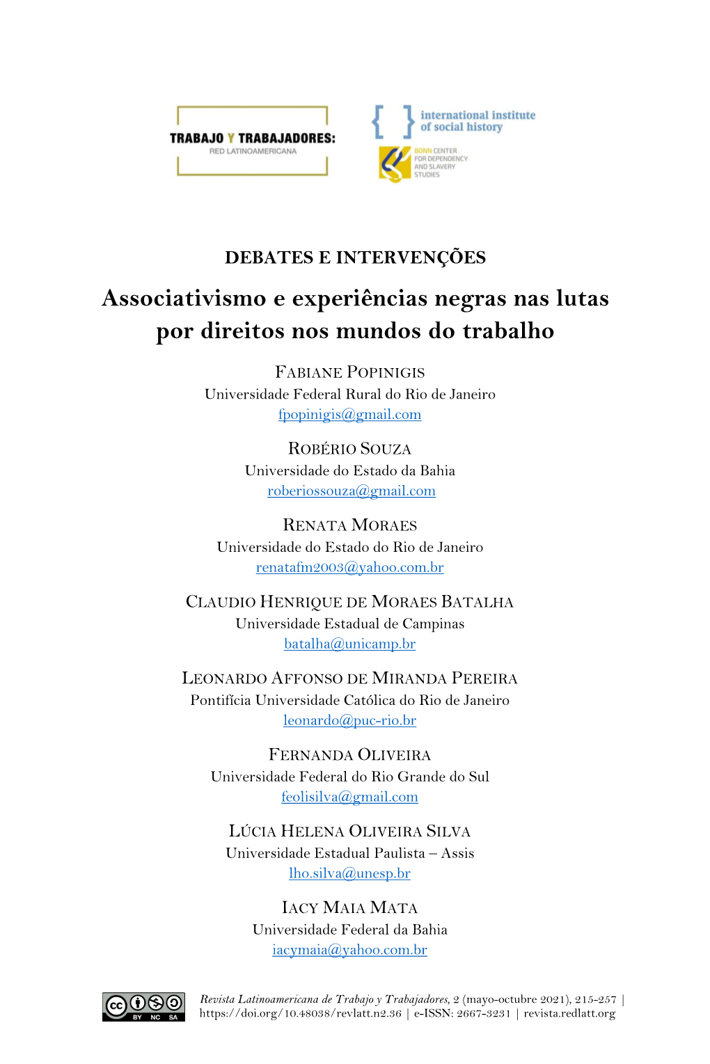 Associativismo E Experiências Negras Nas Lutas Por Direitos Nos Mundos Do Trabalho