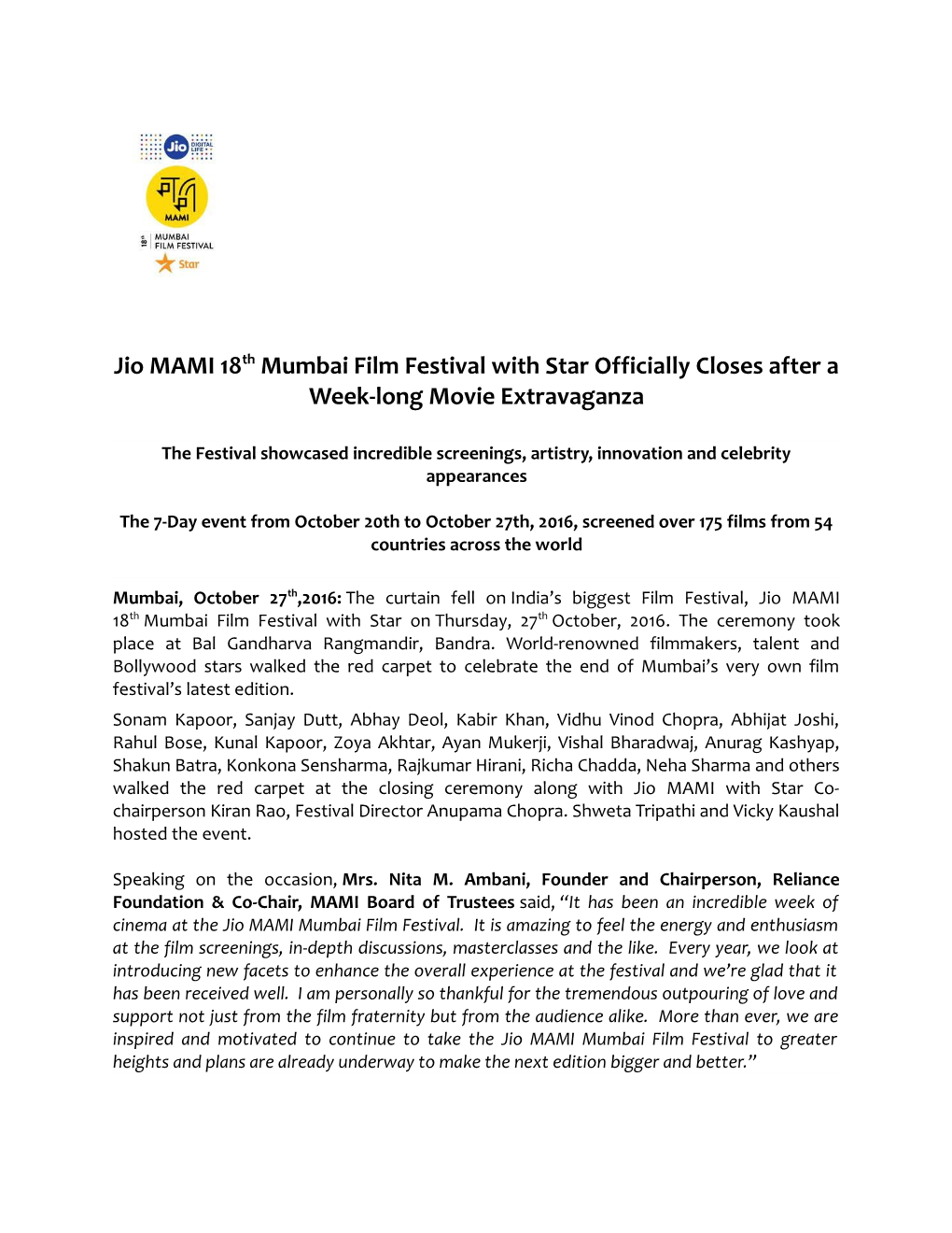 Jio MAMI 18Th Mumbai Film Festival with Star Officially Closes After a Week-Long Movie Extravaganza