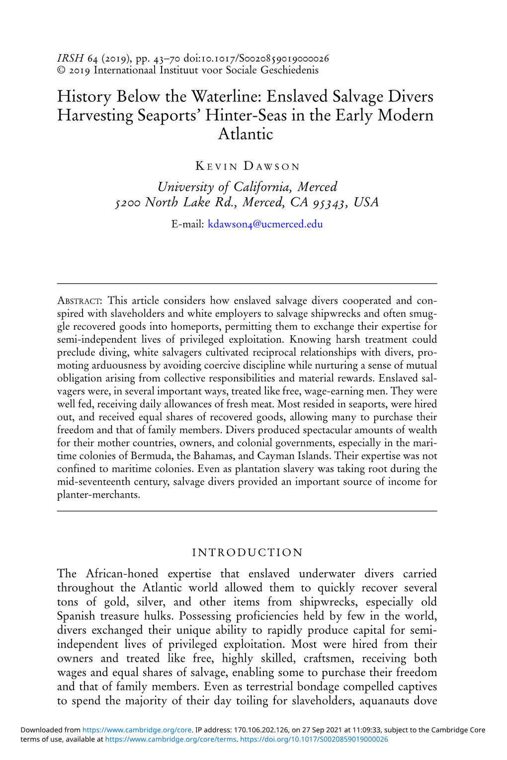 History Below the Waterline: Enslaved Salvage Divers Harvesting Seaports’ Hinter-Seas in the Early Modern Atlantic