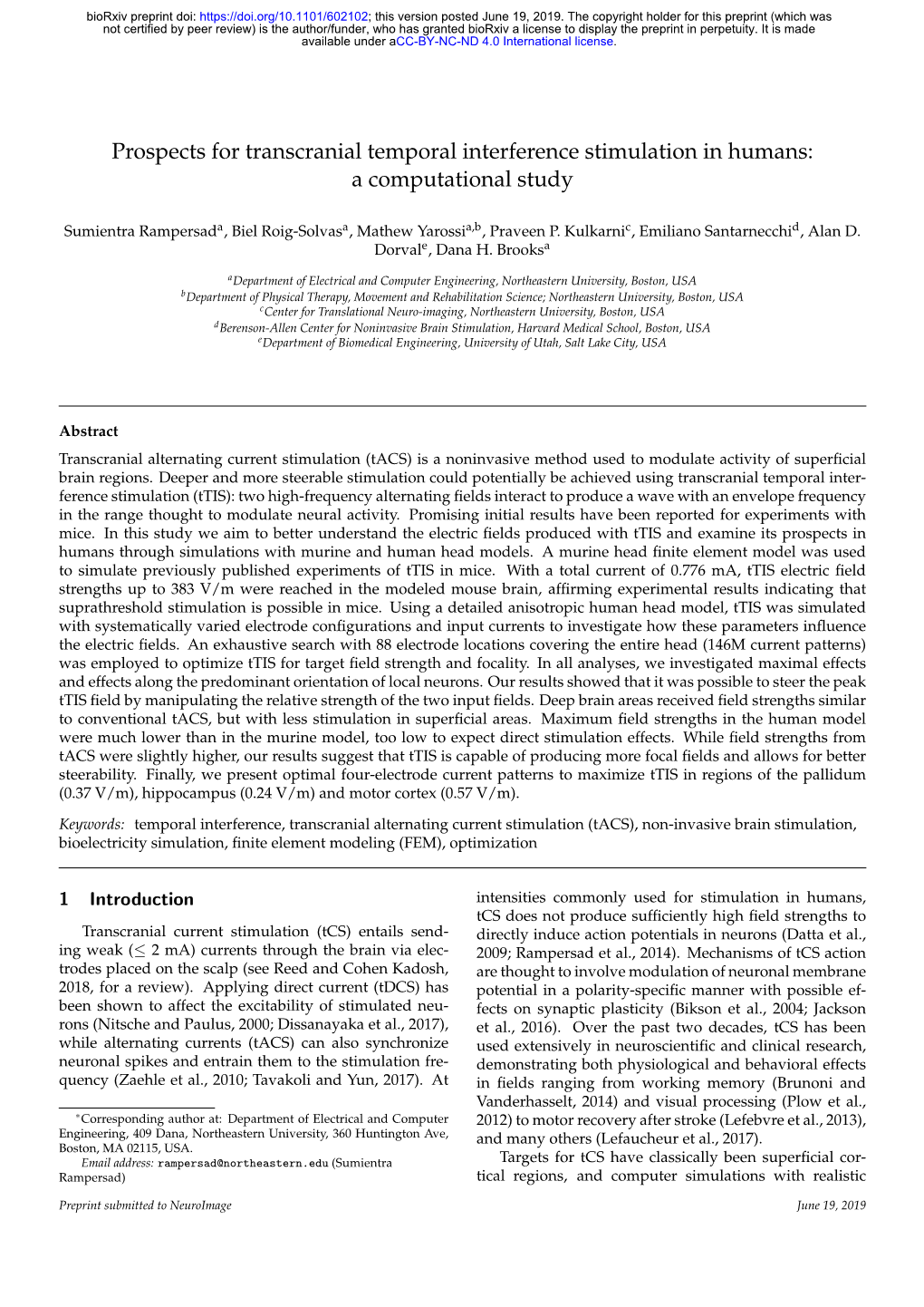 Prospects for Transcranial Temporal Interference Stimulation in Humans: a Computational Study