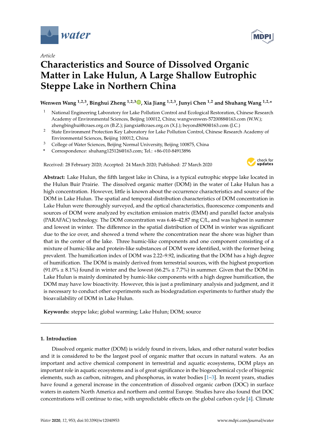 Characteristics and Source of Dissolved Organic Matter in Lake Hulun, a Large Shallow Eutrophic Steppe Lake in Northern China