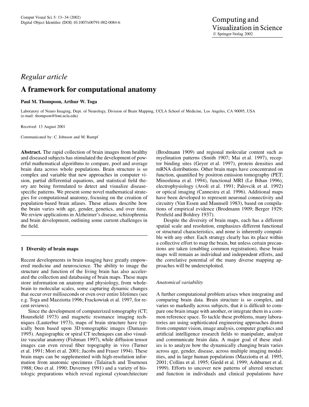 Regular Article a Framework for Computational Anatomy