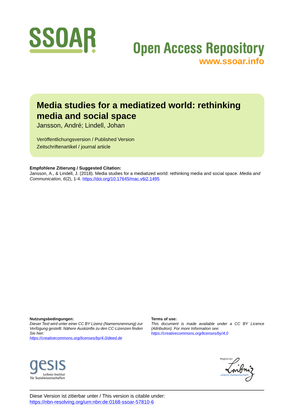 Media Studies for a Mediatized World: Rethinking Media and Social Space Jansson, André; Lindell, Johan