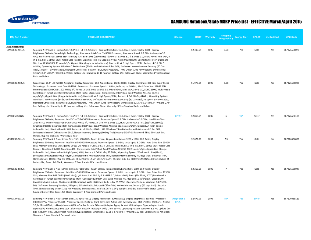 SAMSUNG Notebook/Slate MSRP Price List - EFFECTIVE March/April 2015