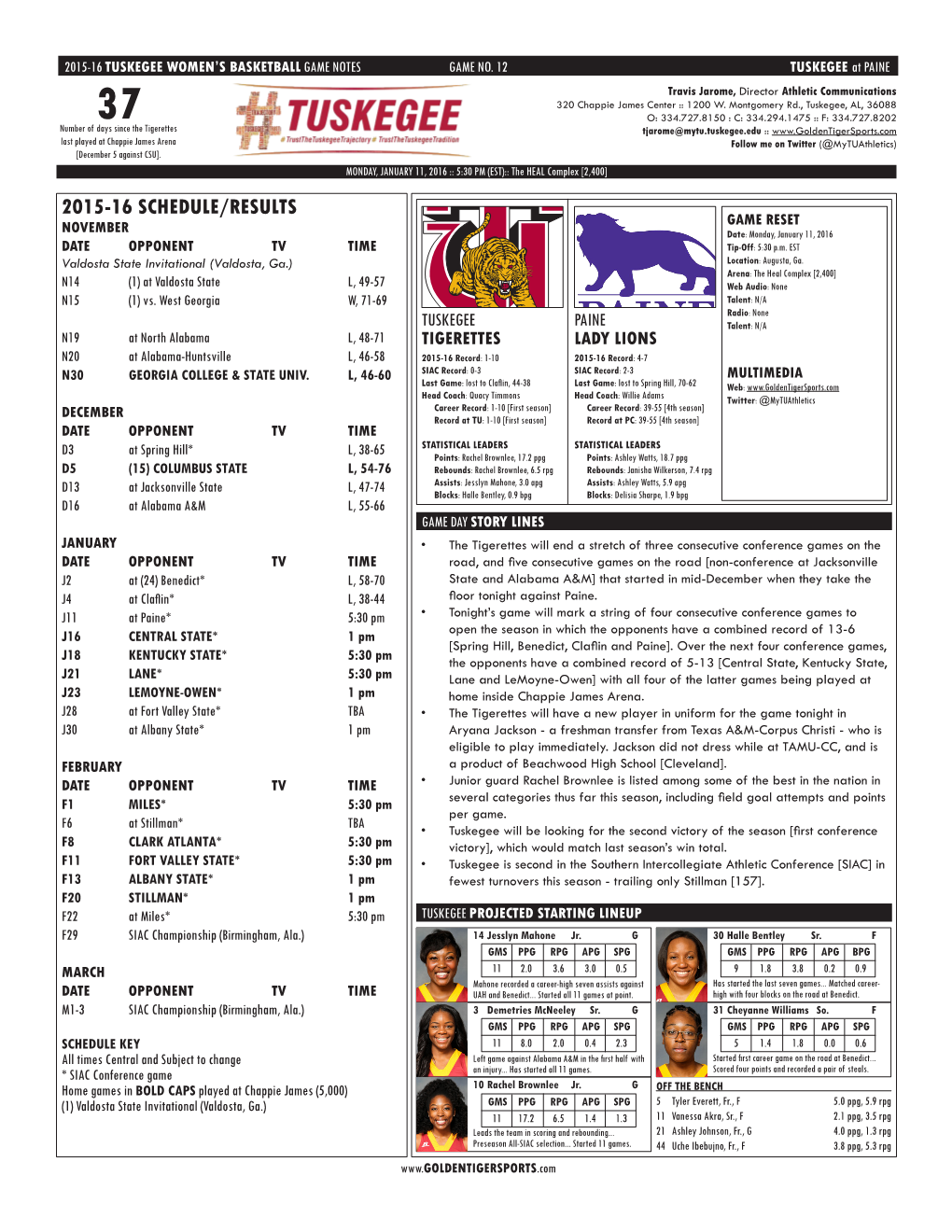 2015-16 SCHEDULE/RESULTS GAME RESET NOVEMBER Date: Monday, January 11, 2016 DATE OPPONENT TV TIME Tip-Off: 5:30 P.M