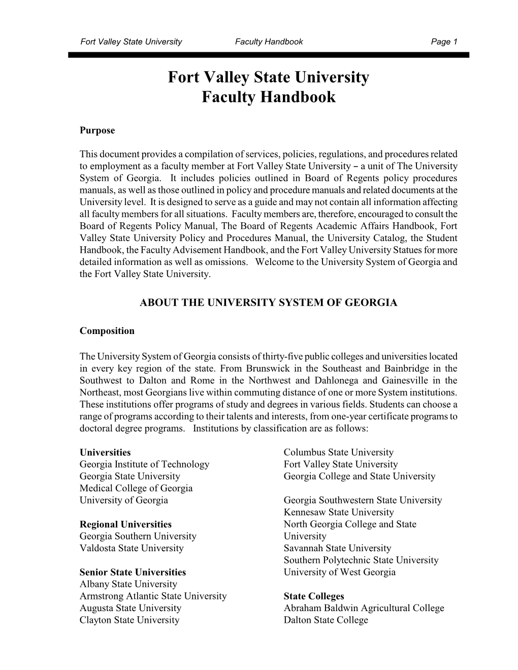 Fort Valley State University Faculty Handbook Page 1