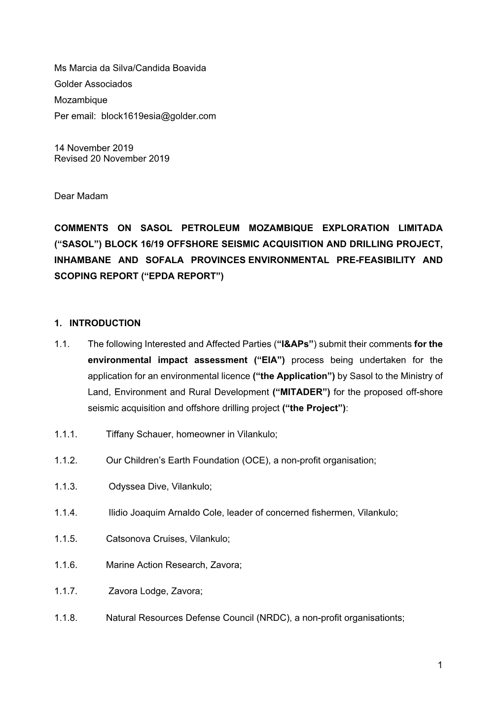 Comments Sasol Petroleum Mozambique Exploration Limitada