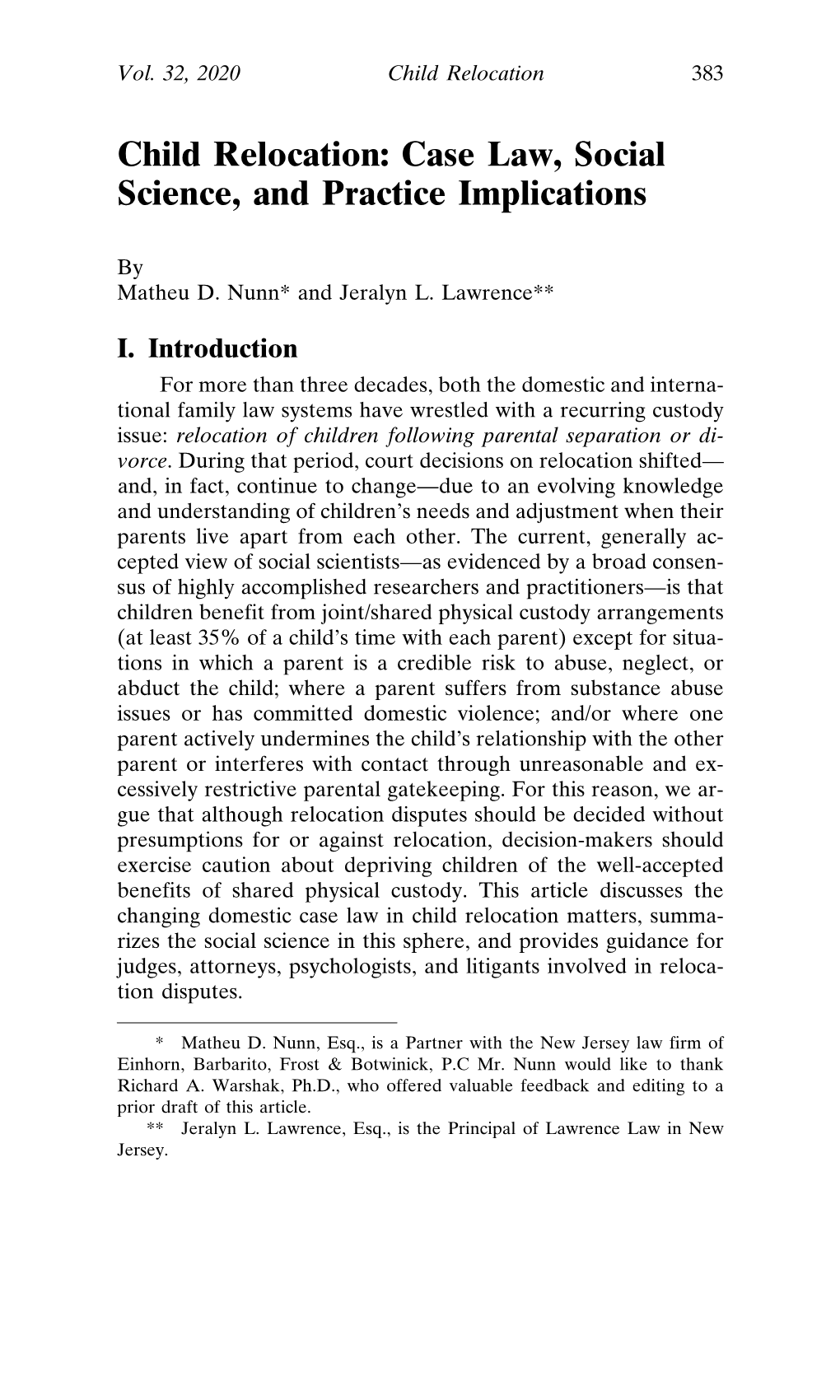 Child Relocation: Case Law, Social Science, and Practice Implications