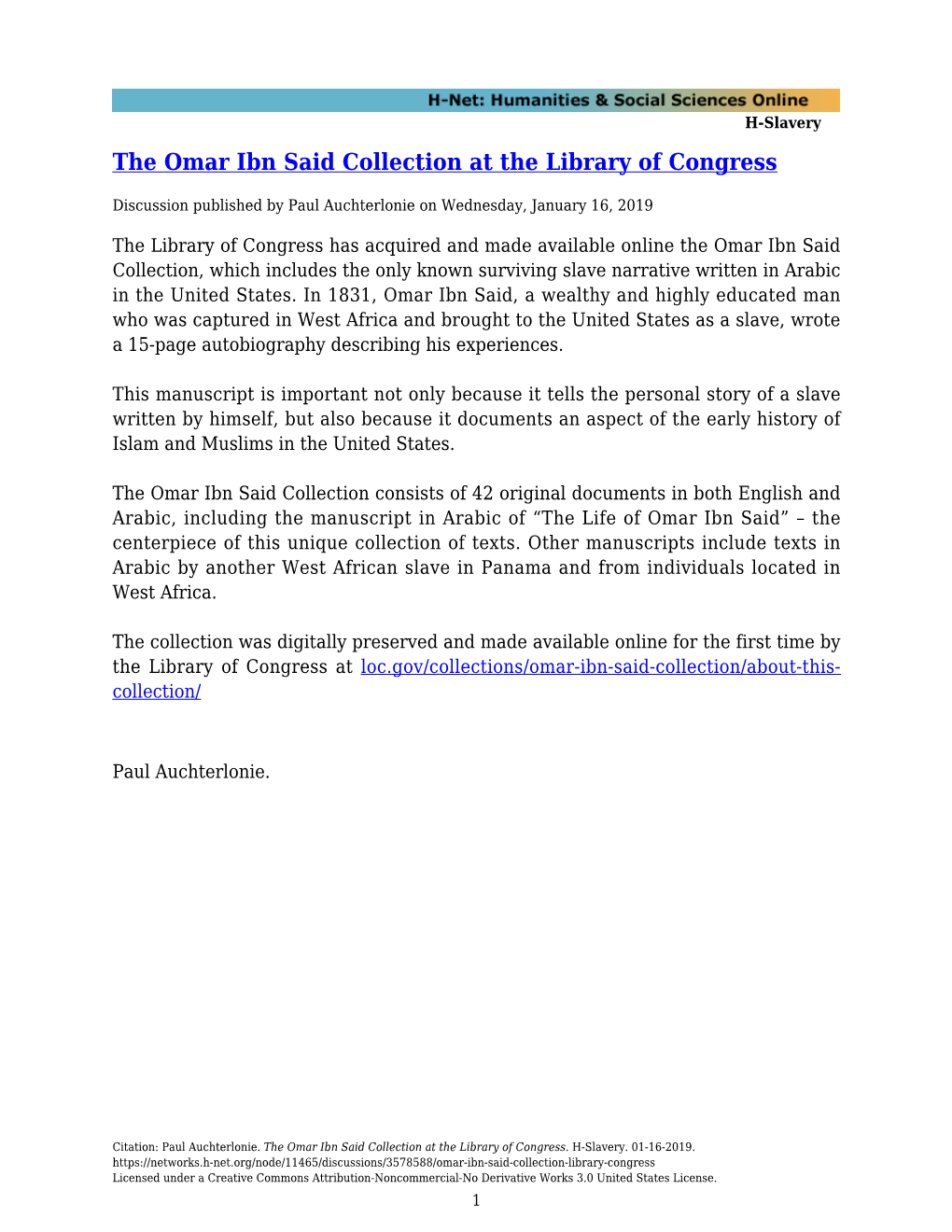 The Omar Ibn Said Collection at the Library of Congress