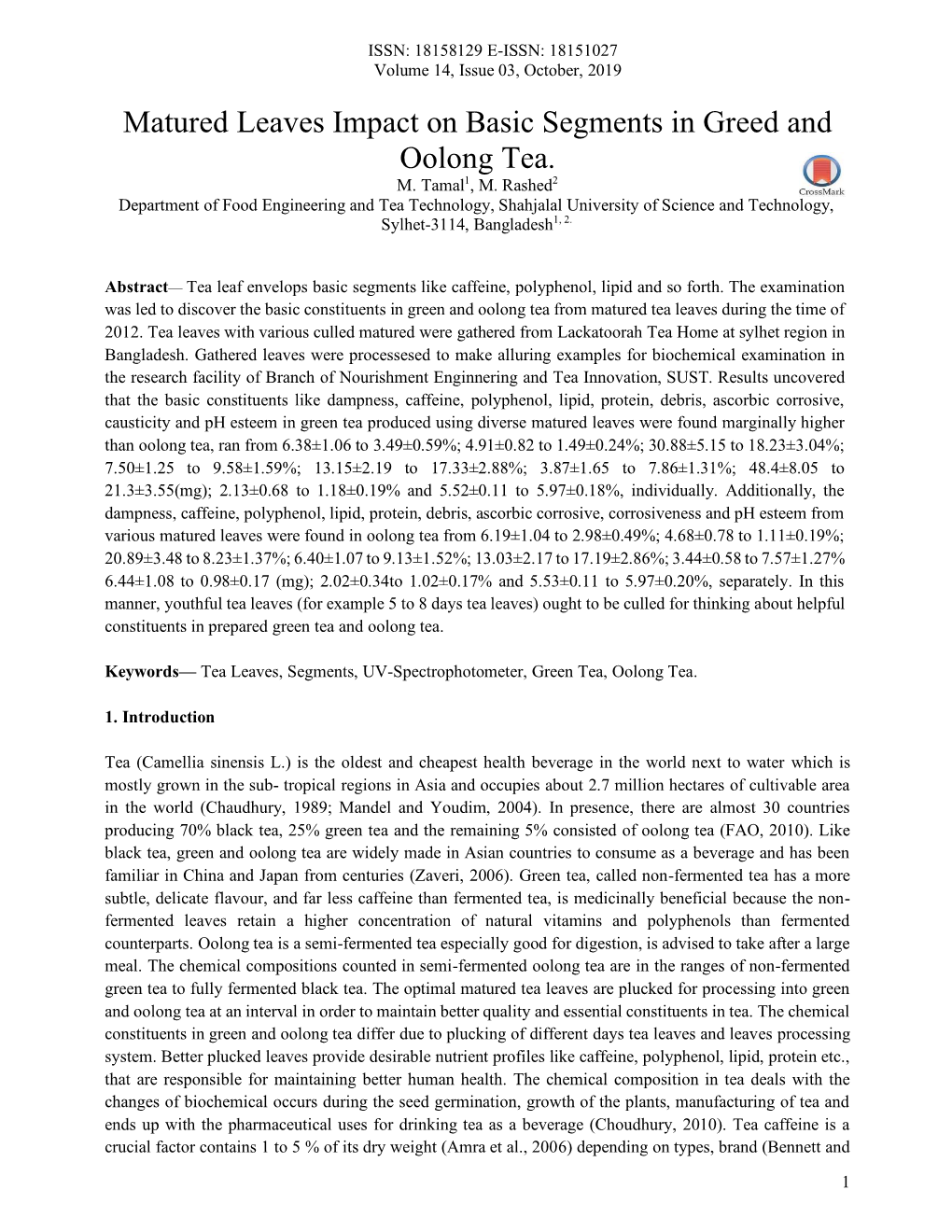 Matured Leaves Impact on Basic Segments in Greed and Oolong Tea