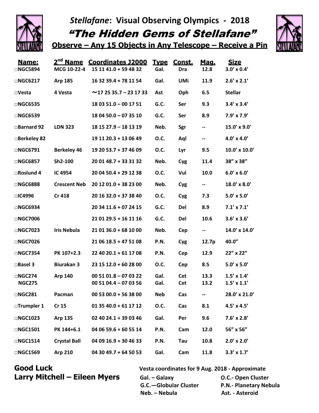 The Printable Telescope Observing Olympics Check List In