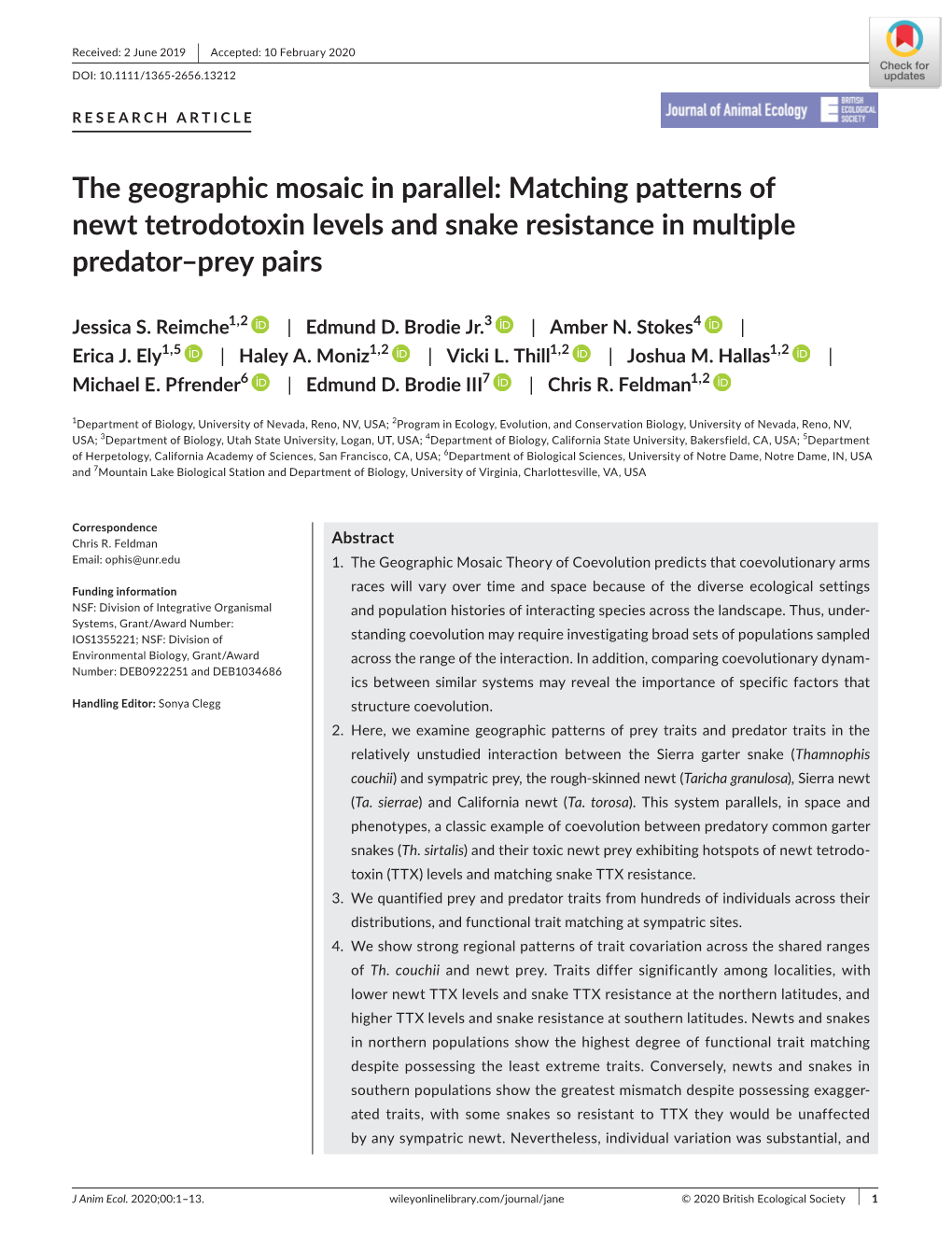 Matching Patterns of Newt Tetrodotoxin Levels and Snake Resistance in Multiple Predator–Prey Pairs