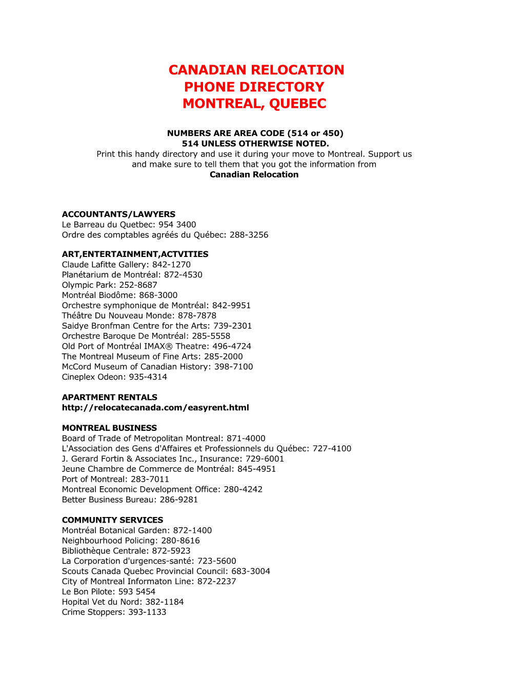 Canadian Relocation Phone Directory Montreal, Quebec