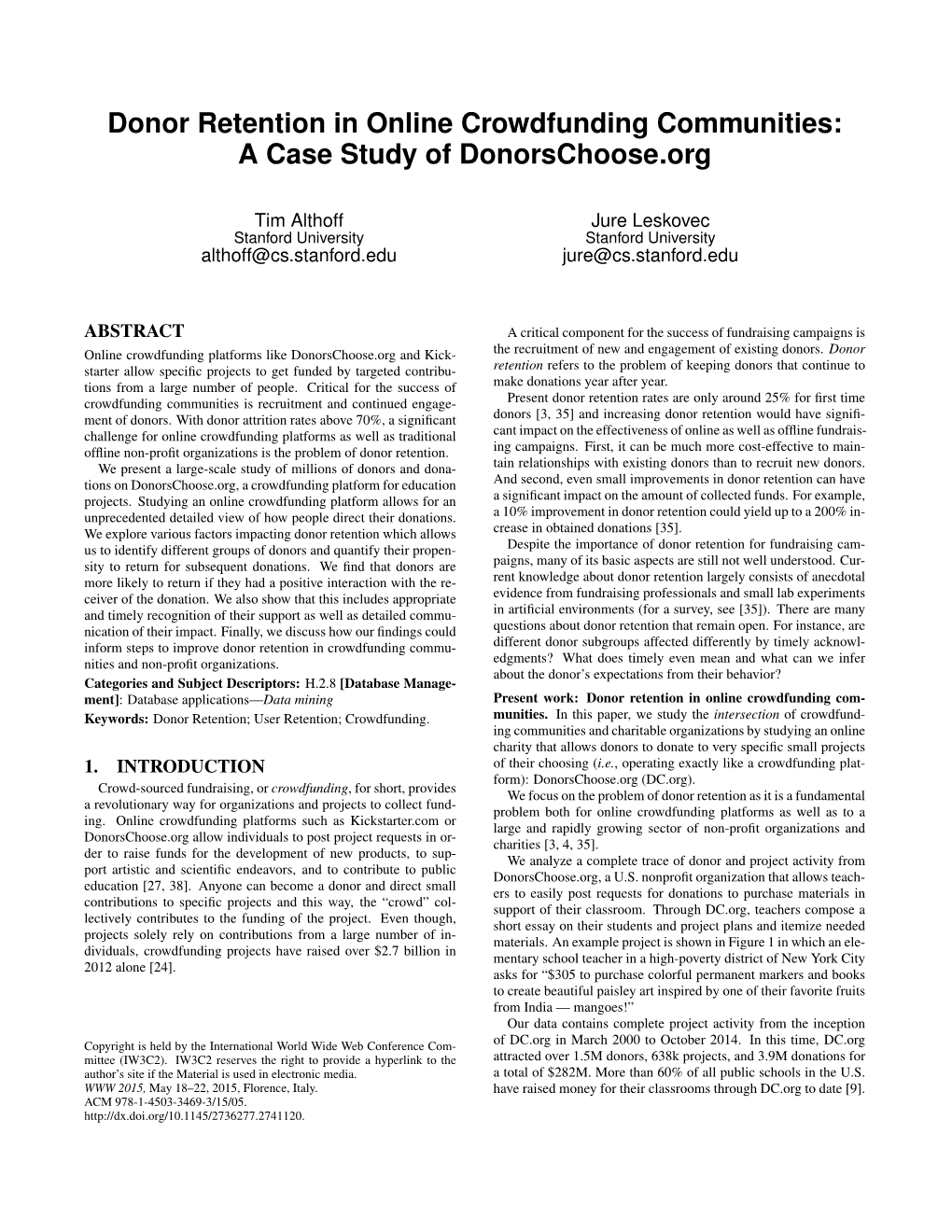 Donor Retention in Online Crowdfunding Communities: a Case Study of Donorschoose.Org