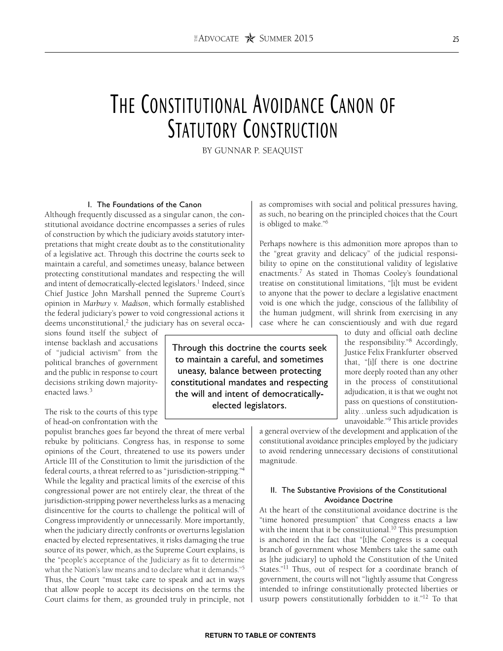 The Constitutional Avoidance Canon of Statutory Construction by GUNNAR P