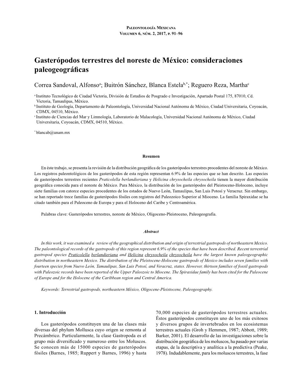 Gasterópodos Terrestres Del Noreste De México 91 Paleontología Mexicana Volumen 6, Núm