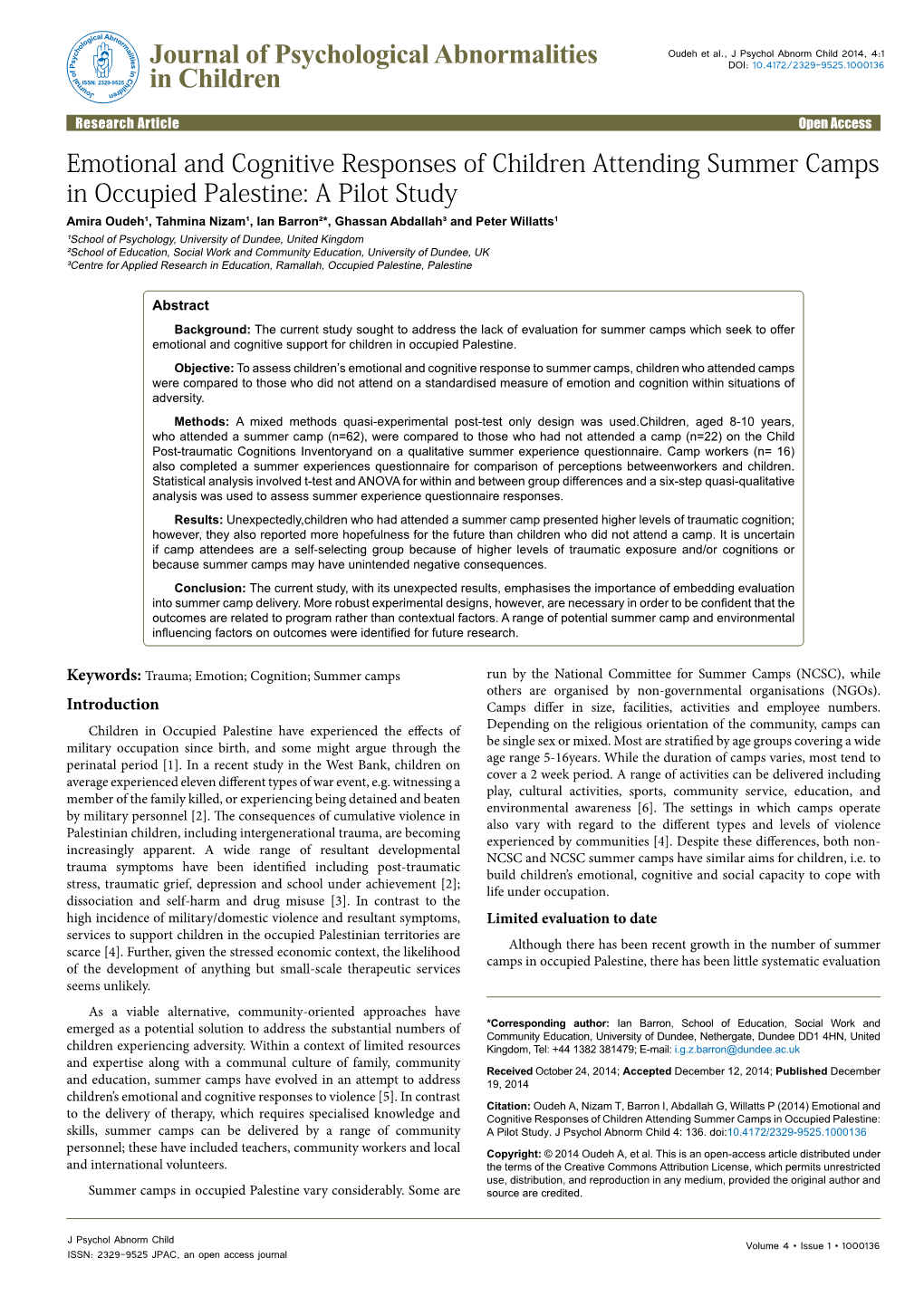 Emotional and Cognitive Responses of Children Attending Summer Camps in Occupied Palestine: a Pilot Study