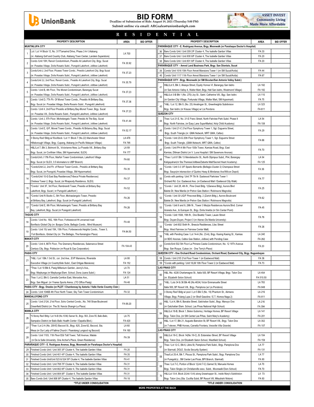 BID FORM Deadline of Submission of Bids: August 19, 2021 (Thursday 5:00 PM) Submit Online Via Email: Argsales@Unionbankph.Com