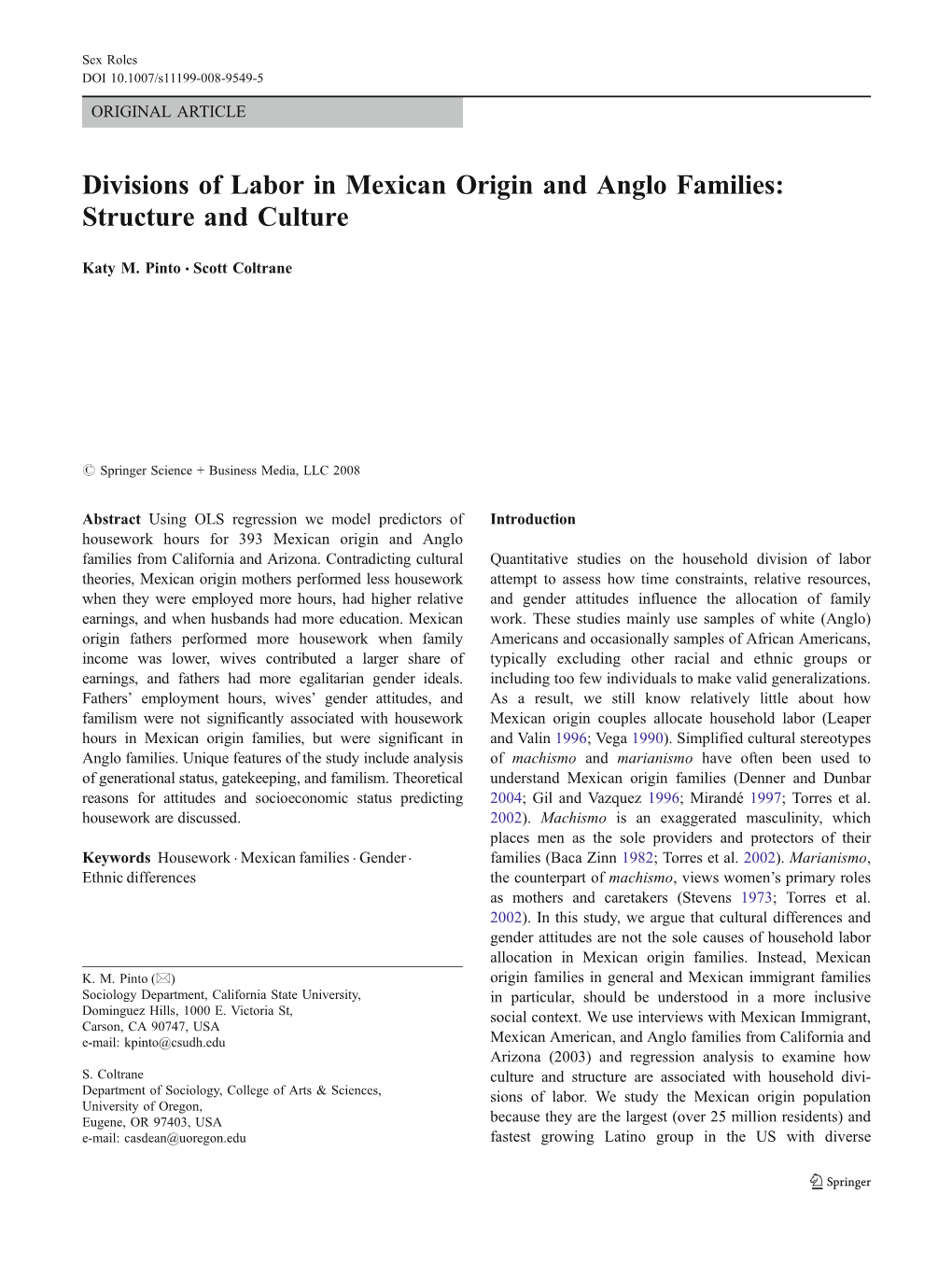 Divisions of Labor in Mexican Origin and Anglo Families: Structure and Culture