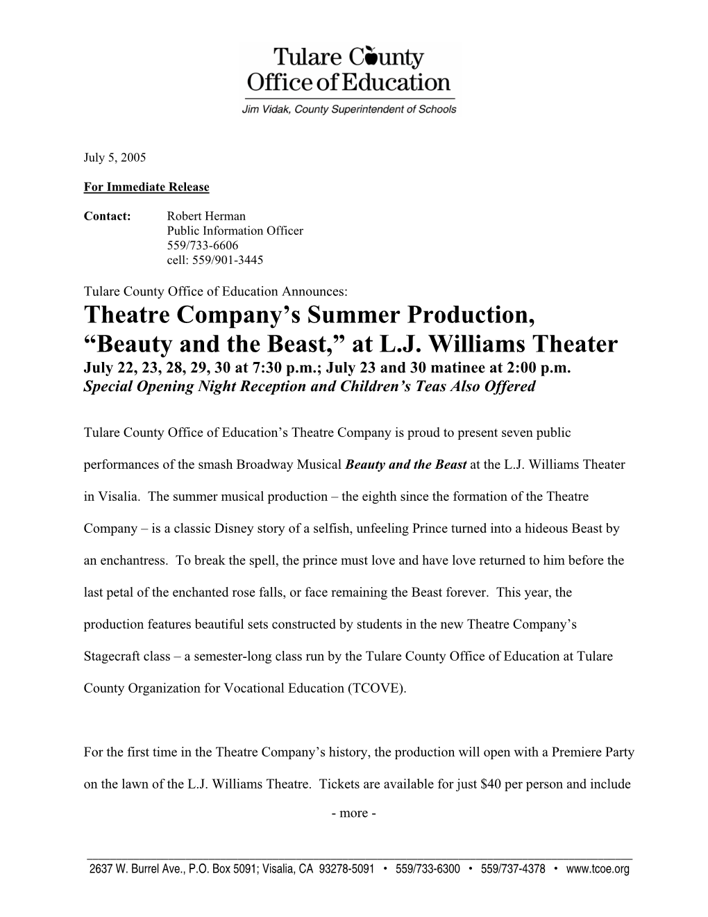 Theatre Company's Summer Production, “Beauty and the Beast,”