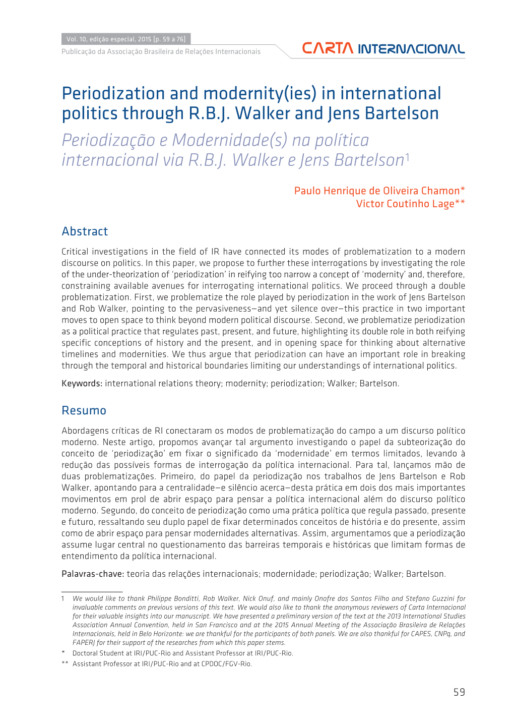 Periodization and Modernity(Ies) in International Politics Through R.B.J