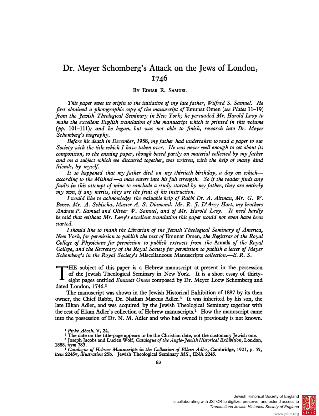 Dr. Meyer Schomberg's Attack on the Jews of London, 1746 by Edgar R