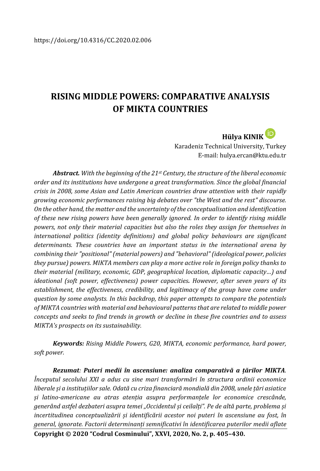 Rising Middle Powers: Comparative Analysis of Mikta Countries