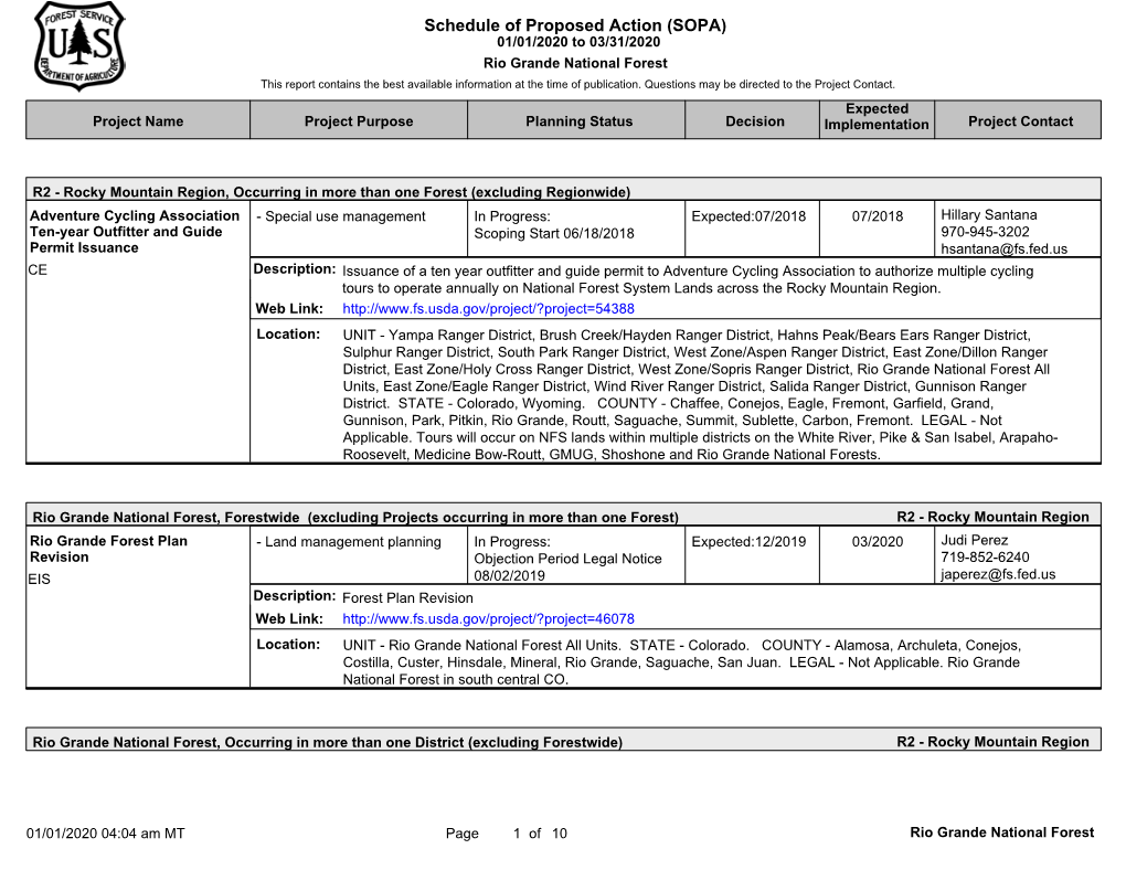 Schedule of Proposed Action (SOPA) 01/01/2020 to 03/31/2020 Rio Grande National Forest This Report Contains the Best Available Information at the Time of Publication