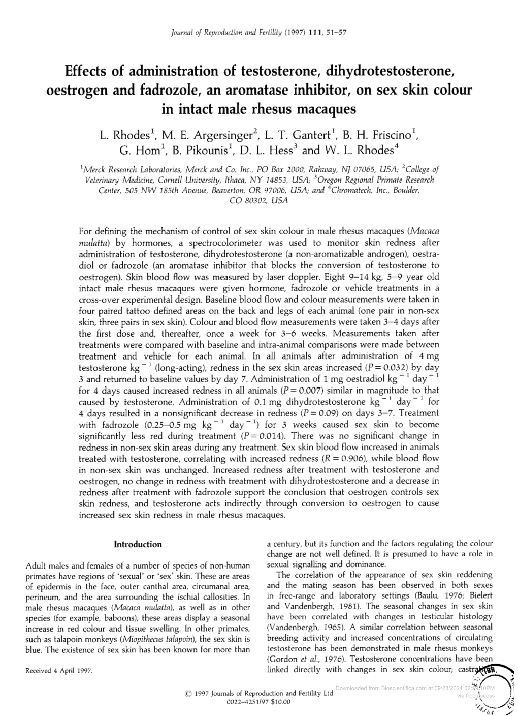 Oestrogen and Fadrozole, an Aromatase Inhibitor, on Sex Skin Colour in Intact Male Rhesus Macaques L